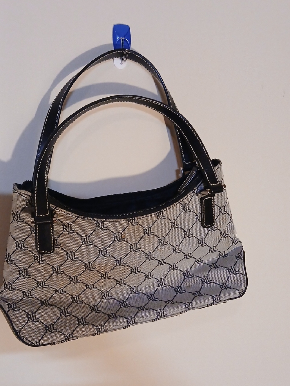 Ralph Lauren Black and Beige RL Monogram Shoulder Bag